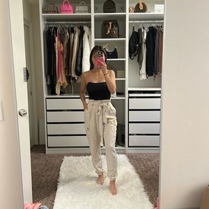 CREAM CARGO PANTS WITH PAPERBAG WAIST